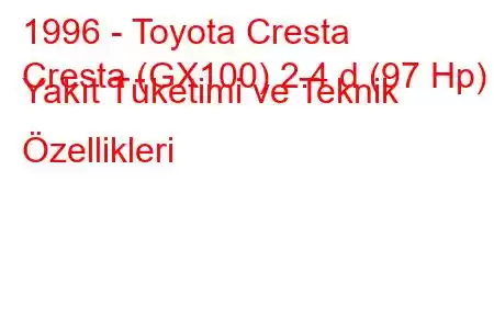 1996 - Toyota Cresta
Cresta (GX100) 2.4 d (97 Hp) Yakıt Tüketimi ve Teknik Özellikleri