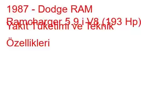 1987 - Dodge RAM
Ramcharger 5.9 i V8 (193 Hp) Yakıt Tüketimi ve Teknik Özellikleri