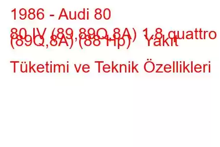 1986 - Audi 80
80 IV (89,89Q,8A) 1.8 quattro (89Q,8A) (88 Hp) Yakıt Tüketimi ve Teknik Özellikleri