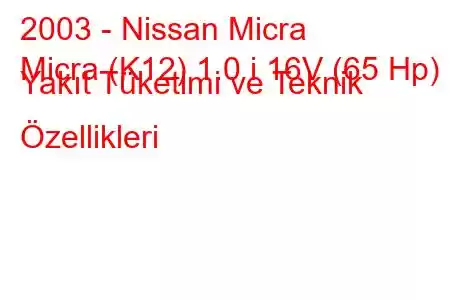 2003 - Nissan Micra
Micra (K12) 1.0 i 16V (65 Hp) Yakıt Tüketimi ve Teknik Özellikleri