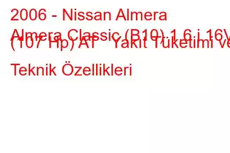 2006 - Nissan Almera
Almera Classic (B10) 1.6 i 16V (107 Hp) AT Yakıt Tüketimi ve Teknik Özellikleri