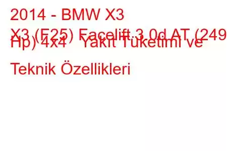 2014 - BMW X3
X3 (F25) Facelift 3.0d AT (249 Hp) 4x4 Yakıt Tüketimi ve Teknik Özellikleri