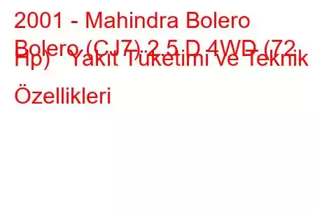 2001 - Mahindra Bolero
Bolero (CJ7) 2.5 D 4WD (72 Hp) Yakıt Tüketimi ve Teknik Özellikleri