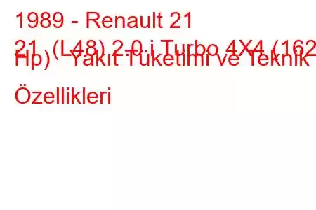 1989 - Renault 21
21 (L48) 2.0 i Turbo 4X4 (162 Hp) Yakıt Tüketimi ve Teknik Özellikleri