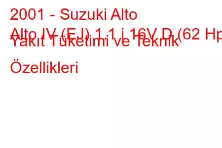 2001 - Suzuki Alto
Alto IV (EJ) 1.1 i 16V D (62 Hp) Yakıt Tüketimi ve Teknik Özellikleri