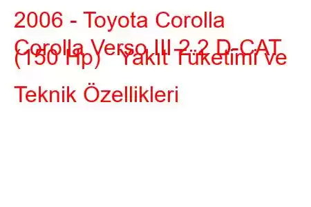 2006 - Toyota Corolla
Corolla Verso III 2.2 D-CAT (150 Hp) Yakıt Tüketimi ve Teknik Özellikleri