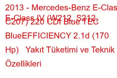 2013 - Mercedes-Benz E-Class
E-Class IV (W212, S212, C207) 220 CDI Blue TEC BlueEFFICIENCY 2.1d (170 Hp) Yakıt Tüketimi ve Teknik Özellikleri