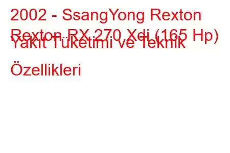 2002 - SsangYong Rexton
Rexton RX 270 Xdi (165 Hp) Yakıt Tüketimi ve Teknik Özellikleri