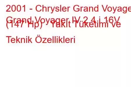 2001 - Chrysler Grand Voyager
Grand Voyager IV 2.4 i 16V (147 Hp) Yakıt Tüketimi ve Teknik Özellikleri