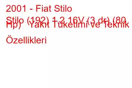 2001 - Fiat Stilo
Stilo (192) 1.2 16V (3 dr) (80 Hp) Yakıt Tüketimi ve Teknik Özellikleri