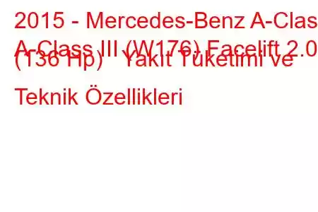 2015 - Mercedes-Benz A-Class
A-Class III (W176) Facelift 2.0d (136 Hp) Yakıt Tüketimi ve Teknik Özellikleri