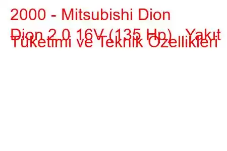 2000 - Mitsubishi Dion
Dion 2.0 16V (135 Hp) Yakıt Tüketimi ve Teknik Özellikleri