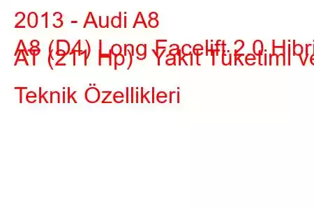 2013 - Audi A8
A8 (D4) Long Facelift 2.0 Hibrid AT (211 Hp) Yakıt Tüketimi ve Teknik Özellikleri