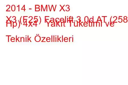 2014 - BMW X3
X3 (F25) Facelift 3.0d AT (258 Hp) 4x4 Yakıt Tüketimi ve Teknik Özellikleri