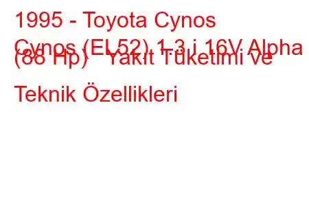 1995 - Toyota Cynos
Cynos (EL52) 1.3 i 16V Alpha (88 Hp) Yakıt Tüketimi ve Teknik Özellikleri