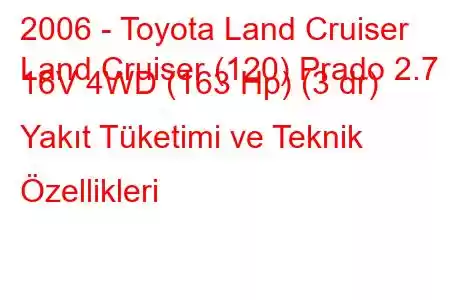 2006 - Toyota Land Cruiser
Land Cruiser (120) Prado 2.7 i 16V 4WD (163 Hp) (3 dr) Yakıt Tüketimi ve Teknik Özellikleri