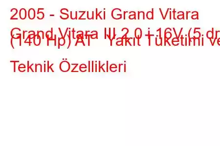 2005 - Suzuki Grand Vitara
Grand Vitara III 2.0 i 16V (5 dr) (140 Hp) AT Yakıt Tüketimi ve Teknik Özellikleri