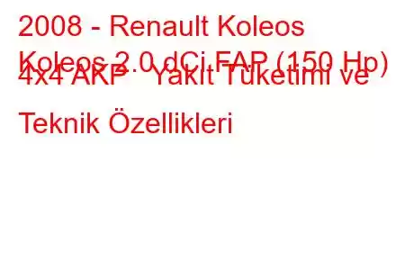 2008 - Renault Koleos
Koleos 2.0 dCi FAP (150 Hp) 4x4 AKP Yakıt Tüketimi ve Teknik Özellikleri