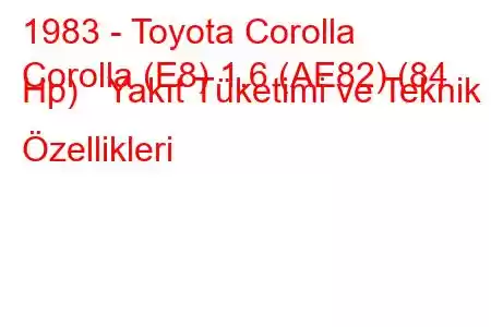 1983 - Toyota Corolla
Corolla (E8) 1.6 (AE82) (84 Hp) Yakıt Tüketimi ve Teknik Özellikleri