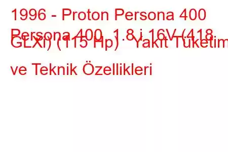 1996 - Proton Persona 400
Persona 400 1.8 i 16V (418 GLXi) (115 Hp) Yakıt Tüketimi ve Teknik Özellikleri