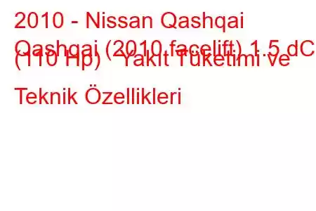 2010 - Nissan Qashqai
Qashqai (2010 facelift) 1.5 dCi (110 Hp) Yakıt Tüketimi ve Teknik Özellikleri