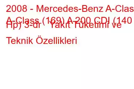 2008 - Mercedes-Benz A-Class
A-Class (169) A 200 CDI (140 Hp) 3-dr Yakıt Tüketimi ve Teknik Özellikleri