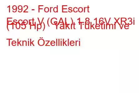 1992 - Ford Escort
Escort V (GAL) 1.8 16V XR3i (105 Hp) Yakıt Tüketimi ve Teknik Özellikleri