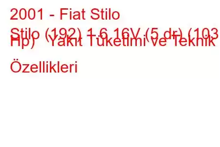 2001 - Fiat Stilo
Stilo (192) 1.6 16V (5 dr) (103 Hp) Yakıt Tüketimi ve Teknik Özellikleri