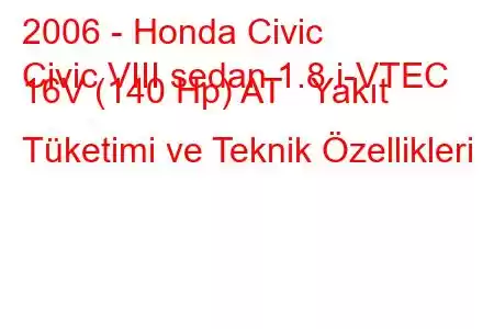 2006 - Honda Civic
Civic VIII sedan 1.8 i-VTEC 16V (140 Hp) AT Yakıt Tüketimi ve Teknik Özellikleri