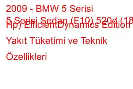 2009 - BMW 5 Serisi
5 Serisi Sedan (F10) 520d (184 Hp) EfficientDynamics Edition Yakıt Tüketimi ve Teknik Özellikleri