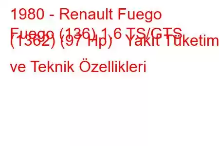 1980 - Renault Fuego
Fuego (136) 1.6 TS/GTS (1362) (97 Hp) Yakıt Tüketimi ve Teknik Özellikleri