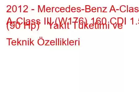 2012 - Mercedes-Benz A-Class
A-Class III (W176) 160 CDI 1.5 (90 Hp) Yakıt Tüketimi ve Teknik Özellikleri