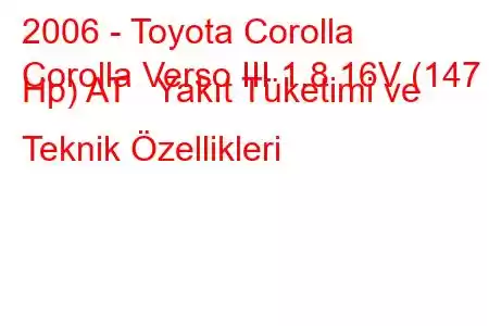 2006 - Toyota Corolla
Corolla Verso III 1.8 16V (147 Hp) AT Yakıt Tüketimi ve Teknik Özellikleri