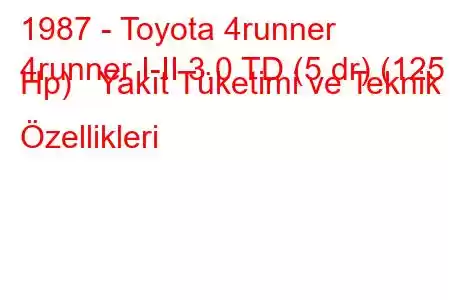 1987 - Toyota 4runner
4runner I-II 3.0 TD (5 dr) (125 Hp) Yakıt Tüketimi ve Teknik Özellikleri