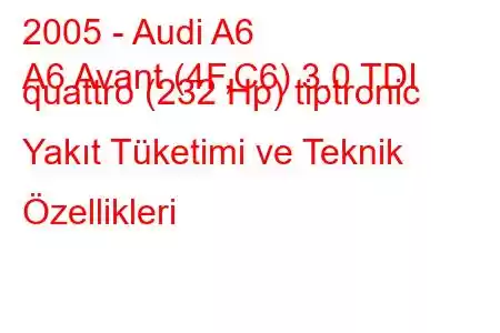 2005 - Audi A6
A6 Avant (4F,C6) 3.0 TDI quattro (232 Hp) tiptronic Yakıt Tüketimi ve Teknik Özellikleri