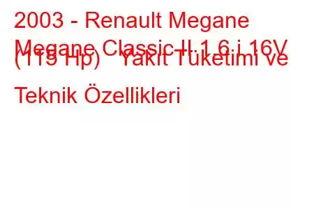 2003 - Renault Megane
Megane Classic II 1.6 i 16V (115 Hp) Yakıt Tüketimi ve Teknik Özellikleri