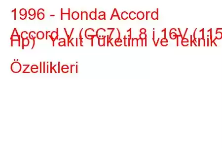 1996 - Honda Accord
Accord V (CC7) 1.8 i 16V (115 Hp) Yakıt Tüketimi ve Teknik Özellikleri