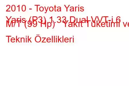 2010 - Toyota Yaris
Yaris (P3) 1.33 Dual VVT-i 6 M/T (99 Hp) Yakıt Tüketimi ve Teknik Özellikleri