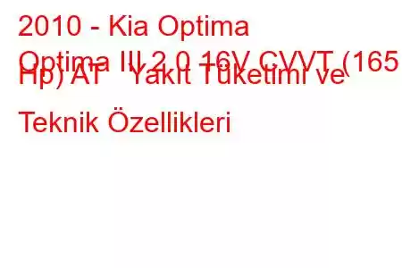 2010 - Kia Optima
Optima III 2.0 16V CVVT (165 Hp) AT Yakıt Tüketimi ve Teknik Özellikleri