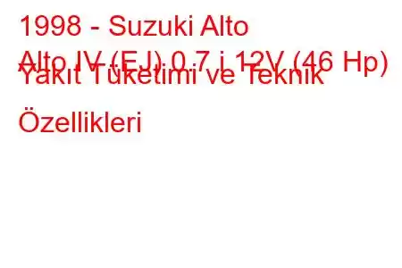 1998 - Suzuki Alto
Alto IV (EJ) 0.7 i 12V (46 Hp) Yakıt Tüketimi ve Teknik Özellikleri