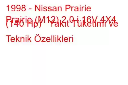 1998 - Nissan Prairie
Prairie (M12) 2.0 i 16V 4X4 (140 Hp) Yakıt Tüketimi ve Teknik Özellikleri