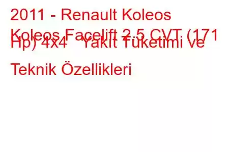 2011 - Renault Koleos
Koleos Facelift 2.5 CVT (171 Hp) 4x4 Yakıt Tüketimi ve Teknik Özellikleri