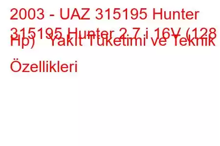 2003 - UAZ 315195 Hunter
315195 Hunter 2.7 i 16V (128 Hp) Yakıt Tüketimi ve Teknik Özellikleri