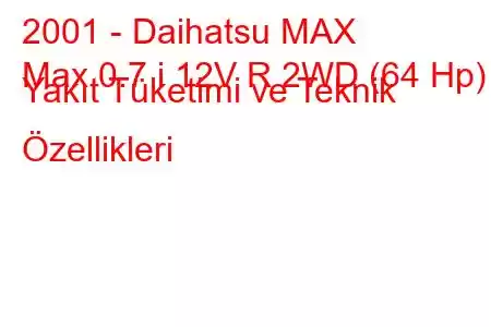 2001 - Daihatsu MAX
Max 0.7 i 12V R 2WD (64 Hp) Yakıt Tüketimi ve Teknik Özellikleri