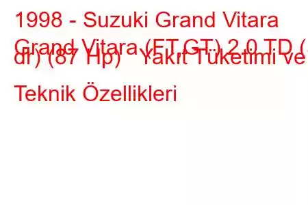 1998 - Suzuki Grand Vitara
Grand Vitara (FT,GT) 2.0 TD (5 dr) (87 Hp) Yakıt Tüketimi ve Teknik Özellikleri