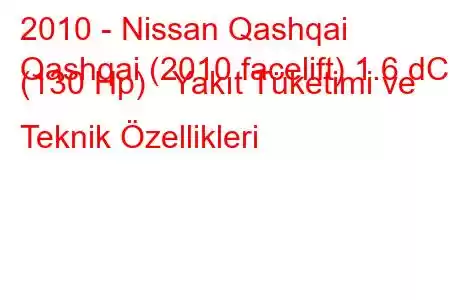 2010 - Nissan Qashqai
Qashqai (2010 facelift) 1.6 dCi (130 Hp) Yakıt Tüketimi ve Teknik Özellikleri