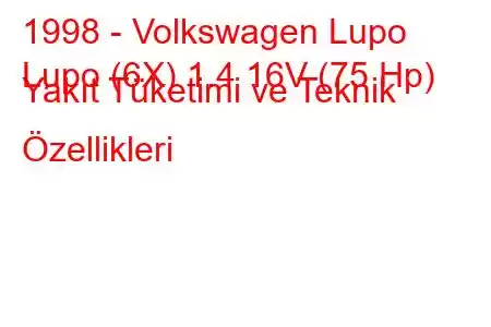 1998 - Volkswagen Lupo
Lupo (6X) 1.4 16V (75 Hp) Yakıt Tüketimi ve Teknik Özellikleri