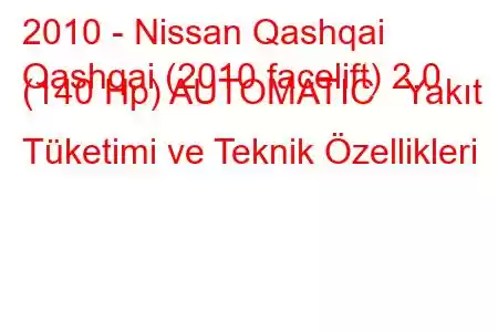 2010 - Nissan Qashqai
Qashqai (2010 facelift) 2.0 (140 Hp) AUTOMATIC Yakıt Tüketimi ve Teknik Özellikleri