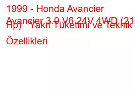 1999 - Honda Avancier
Avancier 3.0 V6 24V 4WD (215 Hp) Yakıt Tüketimi ve Teknik Özellikleri