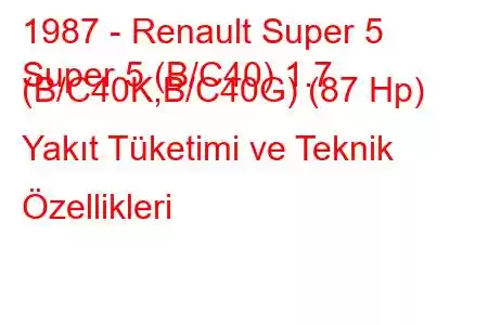 1987 - Renault Super 5
Super 5 (B/C40) 1.7 (B/C40K,B/C40G) (87 Hp) Yakıt Tüketimi ve Teknik Özellikleri